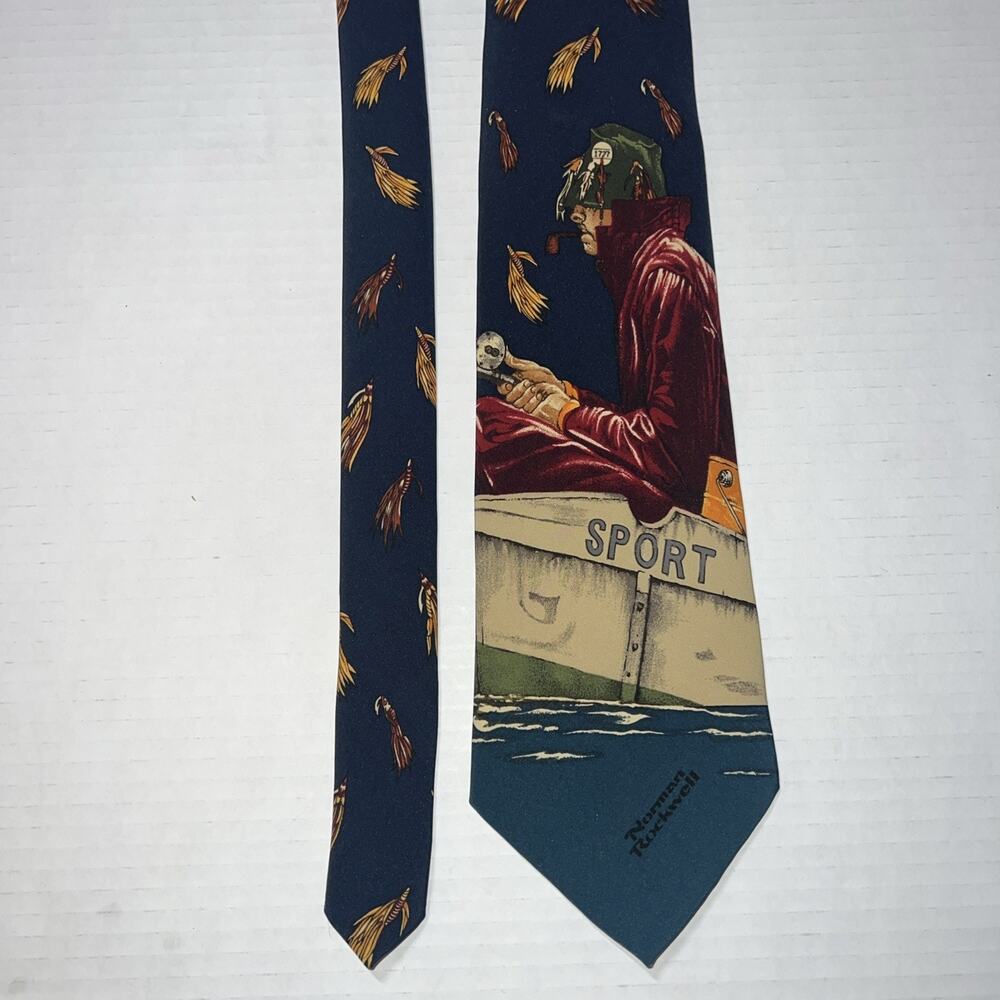 Vintage Norman Rockwell Silk Tie Mens Navy Blue Fishing Sport Fly Lures 90s
